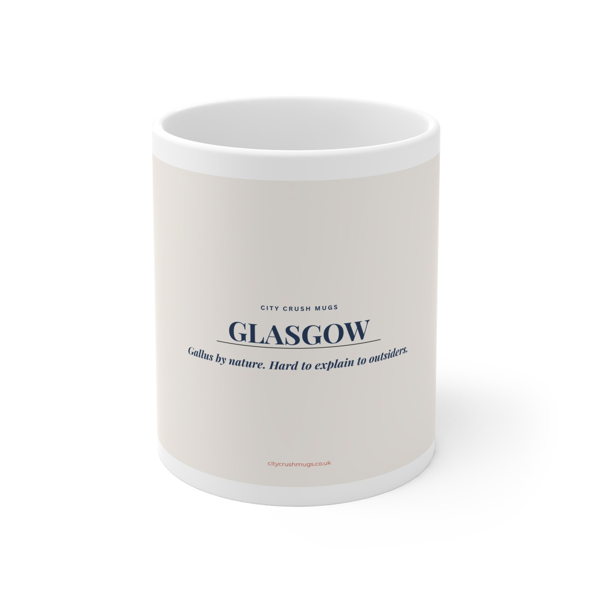 White mug with text on a white background
