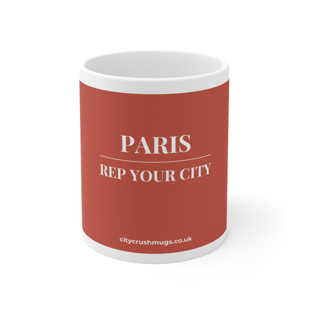 Red mug with 'PARIS REP YOUR CITY' text on a white background