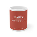 Red mug with 'PARIS REP YOUR CITY' text on a white background