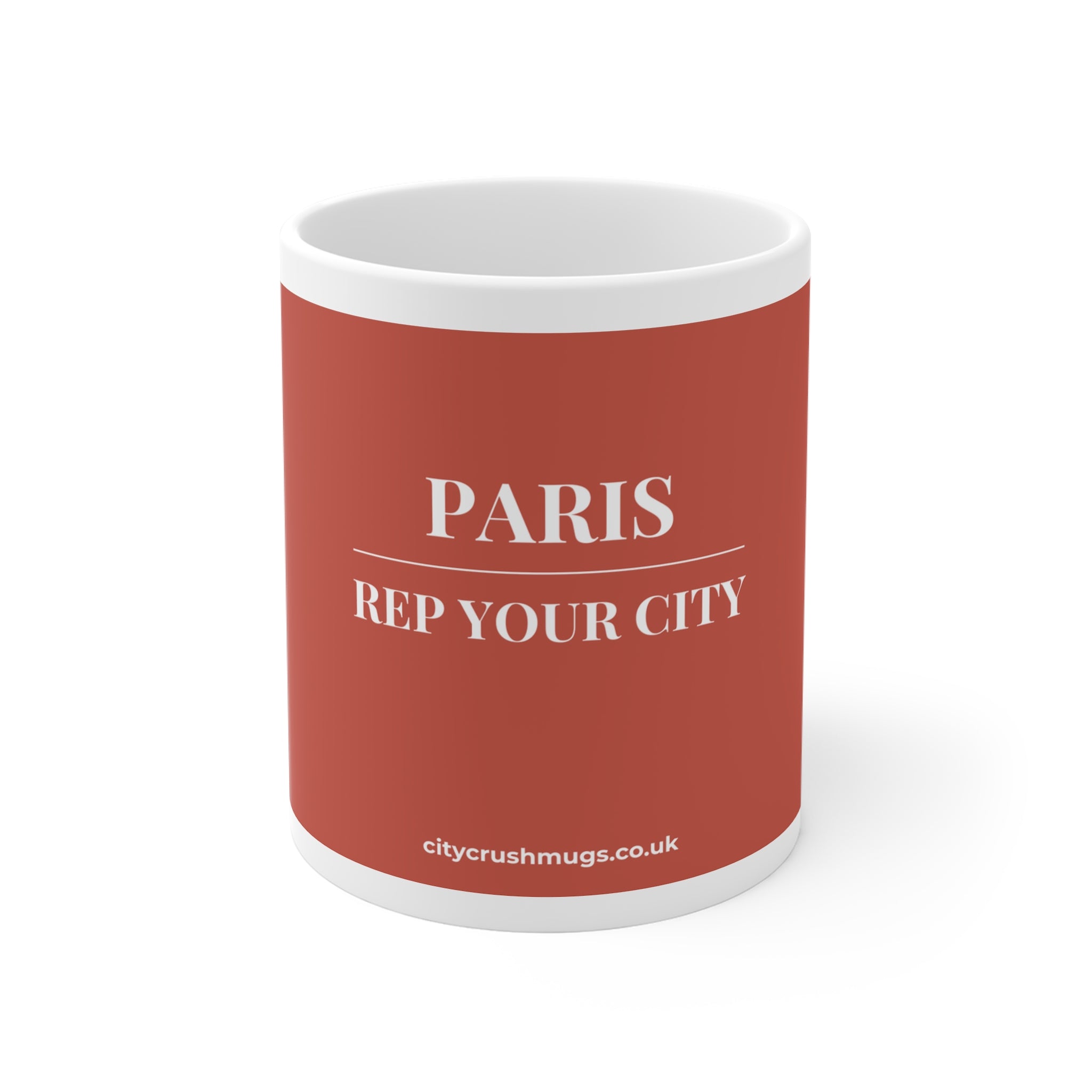 Red mug with 'PARIS REP YOUR CITY' text on a white background