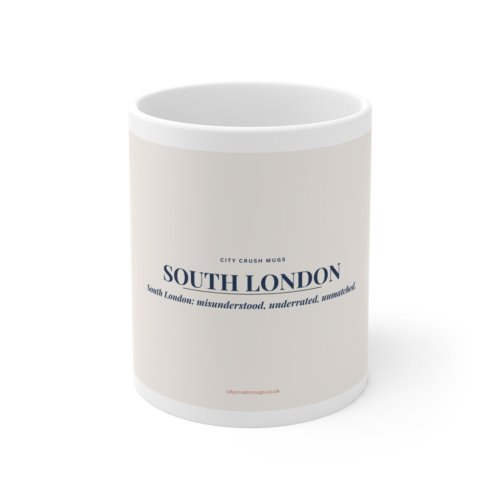 White mug with 'South London' text on a white background