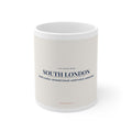 White mug with 'South London' text on a white background