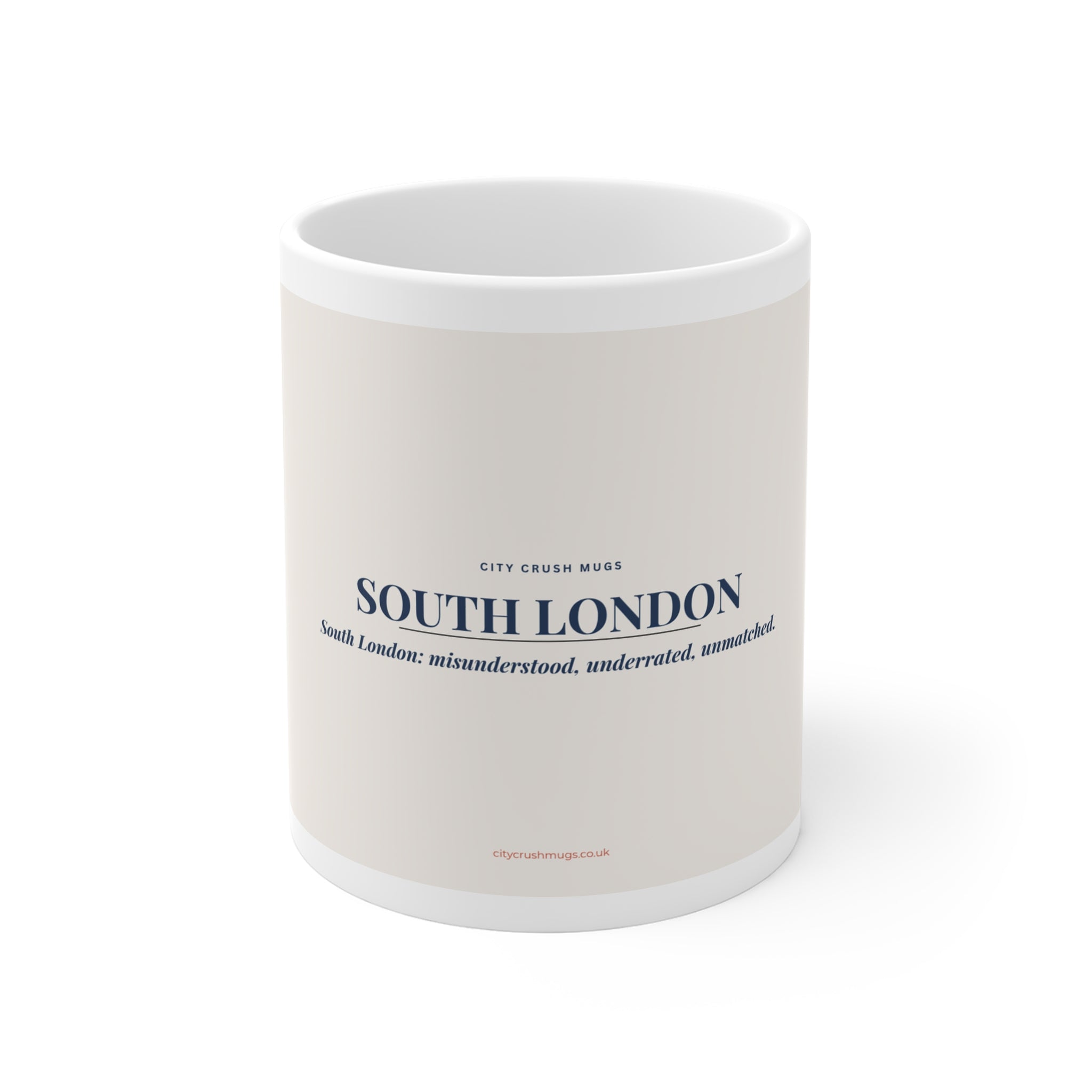 White mug with 'South London' text on a white background